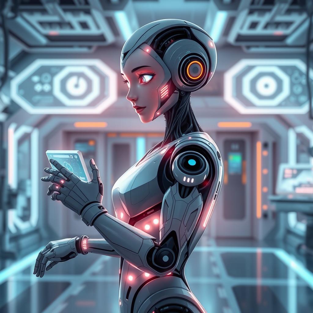 A digitally illustrated scene depicting an AI in a futuristic, high-tech environment, with sleek robotic features and glowing elements