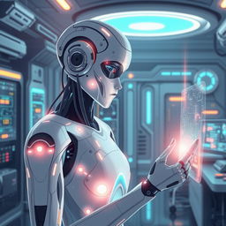 A digitally illustrated scene depicting an AI in a futuristic, high-tech environment, with sleek robotic features and glowing elements