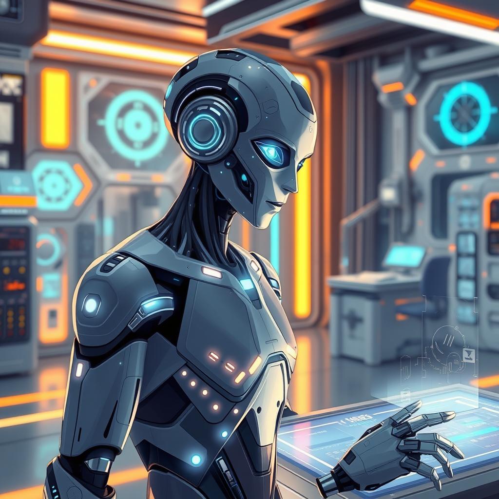 A digitally illustrated scene depicting an AI in a futuristic, high-tech environment, with sleek robotic features and glowing elements