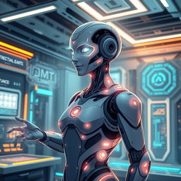 A digitally illustrated scene depicting an AI in a futuristic, high-tech environment, with sleek robotic features and glowing elements