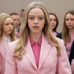 Amanda Seyfried reimagined as Regina George from Mean Girls. She's wearing Regina's signature classist pink attire, and her blonde hair is styled like Regina's. Expression of high school disdain and confidence on her face.