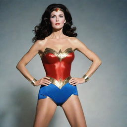 A vintage-style portrait of Lynda Carter as Wonder Woman, resplendent in her iconic outfit, with a vibrant and powerful stance.