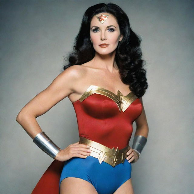 A vintage-style portrait of Lynda Carter as Wonder Woman, resplendent in her iconic outfit, with a vibrant and powerful stance.