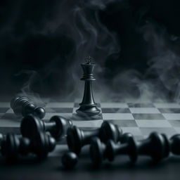 A striking image of a chessboard featuring a single black queen piece standing upright amid several fallen black chess pieces scattered around