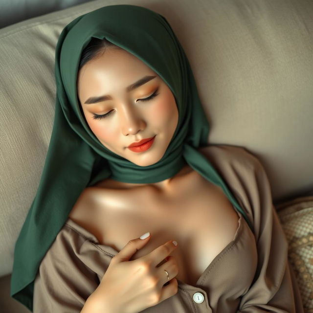 A beautiful 20-year-old Indonesian girl with a Chinese-inspired face, fair white skin, and a green hijab