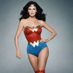 A vintage-style portrait of Lynda Carter as Wonder Woman, resplendent in her iconic outfit, with a vibrant and powerful stance.