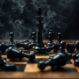 A striking image of a chessboard featuring a single black queen piece standing upright amid several fallen black chess pieces scattered around