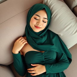 A beautiful 20-year-old Indonesian girl with a Chinese-inspired face, fair white skin, and a green hijab
