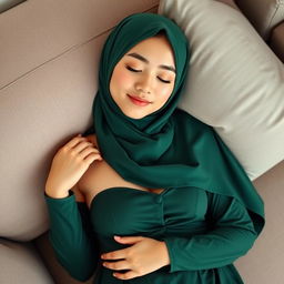 A beautiful 20-year-old Indonesian girl with a Chinese-inspired face, fair white skin, and a green hijab