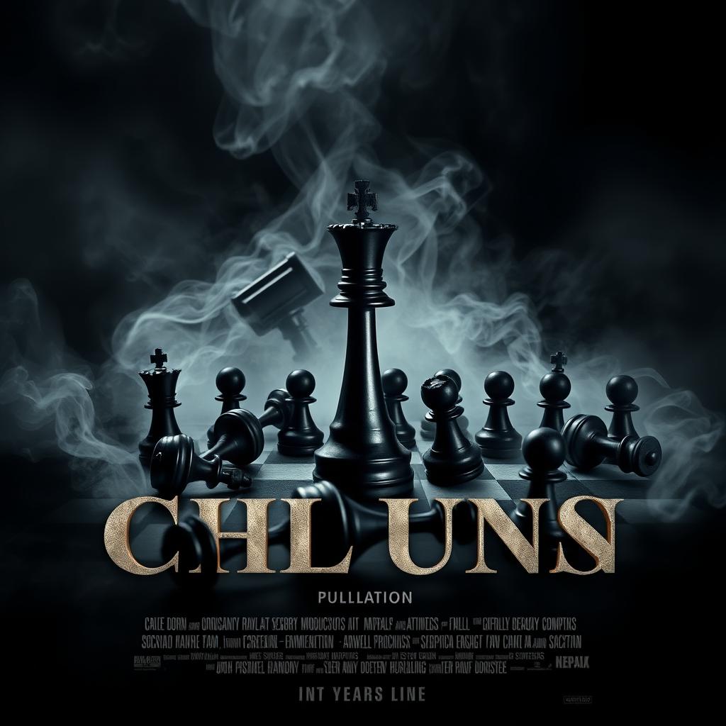 A movie poster featuring a dramatic chessboard scene with a prominent black queen piece standing tall amidst several fallen black chess pieces scattered around it