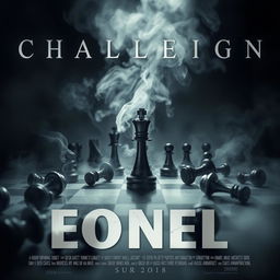 A movie poster featuring a dramatic chessboard scene with a prominent black queen piece standing tall amidst several fallen black chess pieces scattered around it