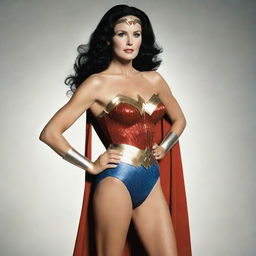 A vintage-style portrait of Lynda Carter as Wonder Woman, resplendent in her iconic outfit, with a vibrant and powerful stance.