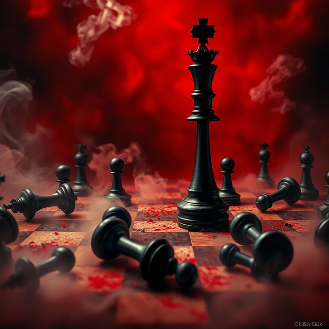 A movie poster depicting a dramatic chessboard scene with a prominent black queen piece standing tall amidst several fallen black chess pieces scattered around