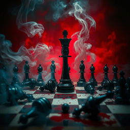 A movie poster depicting a dramatic chessboard scene with a prominent black queen piece standing tall amidst several fallen black chess pieces scattered around