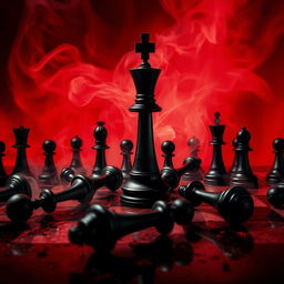 A movie poster depicting a dramatic chessboard scene with a prominent black queen piece standing tall amidst several fallen black chess pieces scattered around