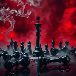 A movie poster depicting a dramatic chessboard scene with a prominent black queen piece standing tall amidst several fallen black chess pieces scattered around