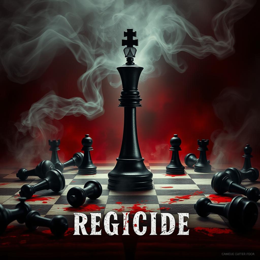 A movie poster titled 'Regicide' featuring a dramatic chessboard scene with a prominent black queen piece standing resolutely in the center, surrounded by several fallen black chess pieces scattered around