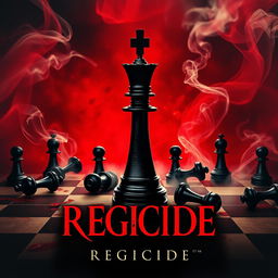 A movie poster titled 'Regicide' featuring a dramatic chessboard scene with a prominent black queen piece standing resolutely in the center, surrounded by several fallen black chess pieces scattered around