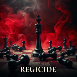 A movie poster titled 'Regicide' featuring a dramatic chessboard scene with a prominent black queen piece standing resolutely in the center, surrounded by several fallen black chess pieces scattered around