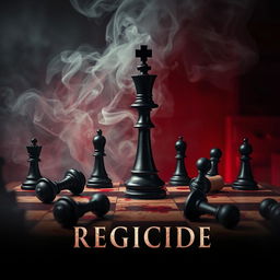 A movie poster titled 'Regicide' featuring a dramatic chessboard scene with a prominent black queen piece standing resolutely in the center, surrounded by several fallen black chess pieces scattered around