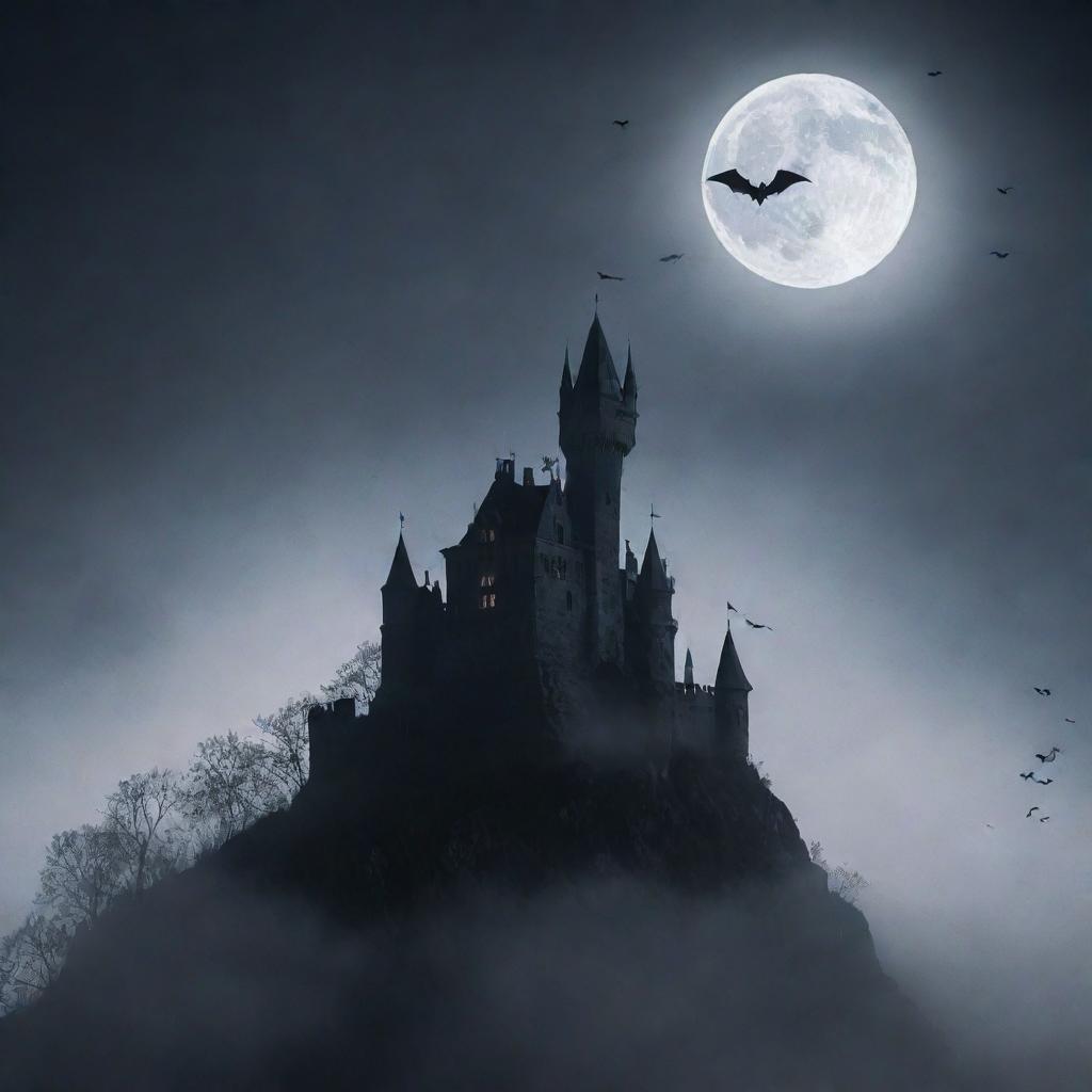 A haunted castle sitting on top of a misty hill under a full moon, with fog surrounding it and spooky silhouettes of bats flying above.