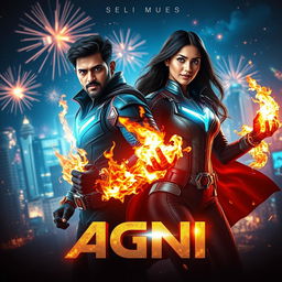 A cinematic science fiction futuristic action film poster featuring an Indian dark-skinned man and woman in modern superhero costumes