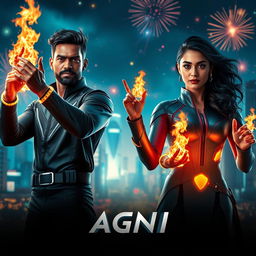 A cinematic science fiction futuristic action film poster featuring an Indian dark-skinned man and woman in modern superhero costumes