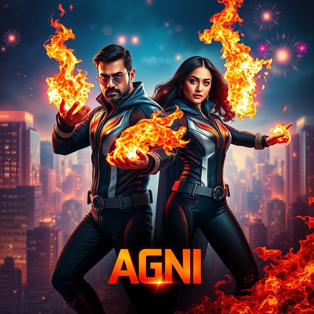 A cinematic science fiction futuristic action film poster featuring an Indian dark-skinned man and woman in modern superhero costumes