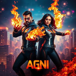 A cinematic science fiction futuristic action film poster featuring an Indian dark-skinned man and woman in modern superhero costumes