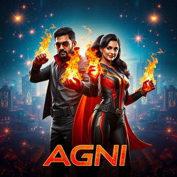 A cinematic science fiction futuristic action film poster featuring an Indian dark-skinned man and woman in modern superhero costumes