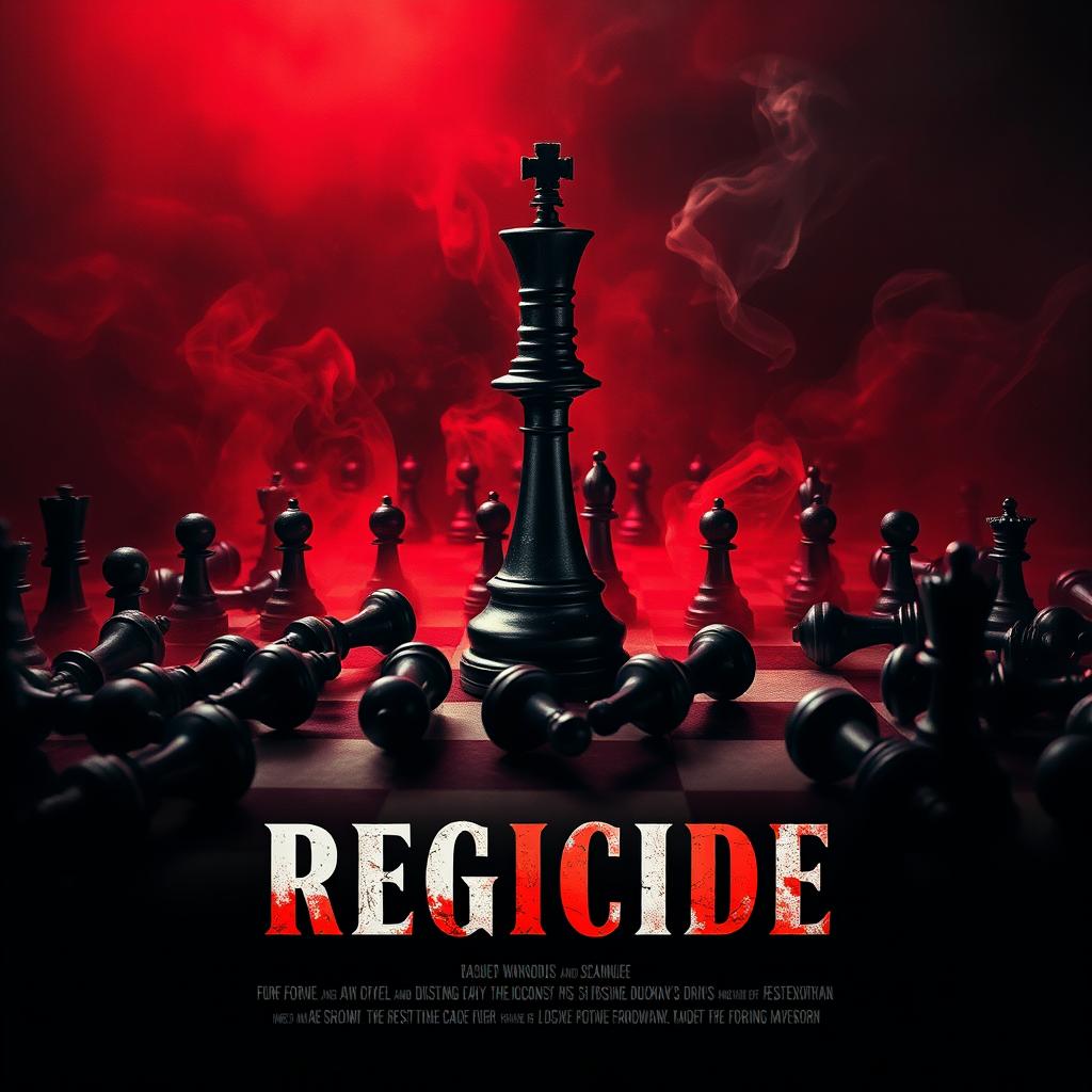 A movie poster titled 'Regicide' featuring a dramatic chessboard scene with a prominent black queen piece standing defiantly in the center