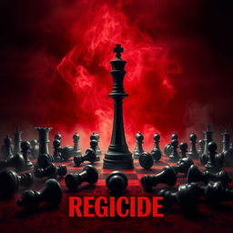 A movie poster titled 'Regicide' featuring a dramatic chessboard scene with a prominent black queen piece standing defiantly in the center