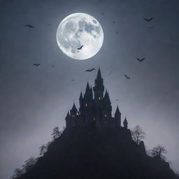 A haunted castle sitting on top of a misty hill under a full moon, with fog surrounding it and spooky silhouettes of bats flying above.