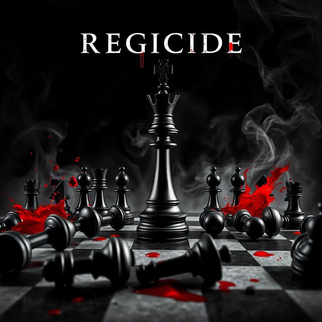 A movie poster titled 'Regicide' featuring a striking chessboard scene where a prominent black queen piece stands defiantly in the center, surrounded by several fallen black chess pieces