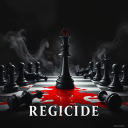 A movie poster titled 'Regicide' featuring a striking chessboard scene where a prominent black queen piece stands defiantly in the center, surrounded by several fallen black chess pieces