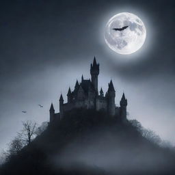 A haunted castle sitting on top of a misty hill under a full moon, with fog surrounding it and spooky silhouettes of bats flying above.