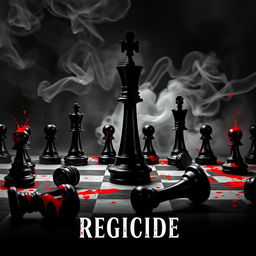 A movie poster titled 'Regicide' featuring a striking chessboard scene where a prominent black queen piece stands defiantly in the center, surrounded by several fallen black chess pieces