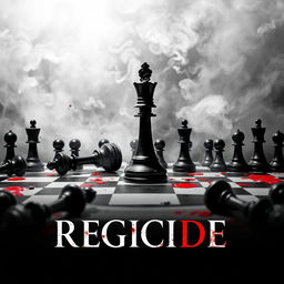 A movie poster titled 'Regicide' featuring a striking chessboard scene where a prominent black queen piece stands defiantly in the center, surrounded by several fallen black chess pieces