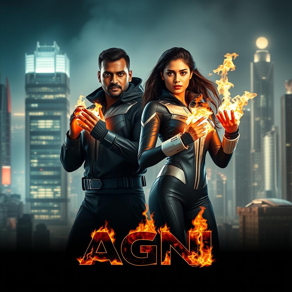 A cinematic science fiction futuristic action film poster featuring an Indian dark-skinned man and woman in matching modern superhero costumes that accentuate their abilities