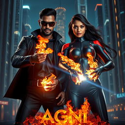 A cinematic science fiction futuristic action film poster featuring an Indian dark-skinned man and woman in matching modern superhero costumes that accentuate their abilities