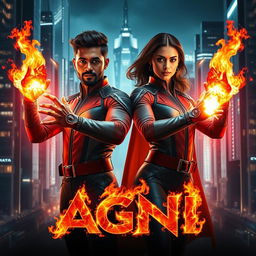 A cinematic science fiction futuristic action film poster featuring an Indian dark-skinned man and woman in matching modern superhero costumes that accentuate their abilities