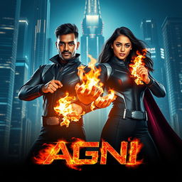 A cinematic science fiction futuristic action film poster featuring an Indian dark-skinned man and woman in matching modern superhero costumes that accentuate their abilities