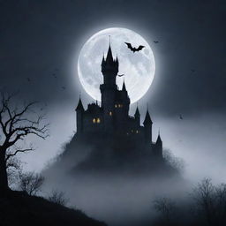 A haunted castle sitting on top of a misty hill under a full moon, with fog surrounding it and spooky silhouettes of bats flying above.