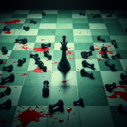 A dark and intriguing movie cover scene featuring a giant chessboard with an unusual pattern of green and white squares, creating a surreal and unsettling atmosphere