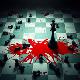 A dark and intriguing movie cover scene featuring a giant chessboard with an unusual pattern of green and white squares, creating a surreal and unsettling atmosphere