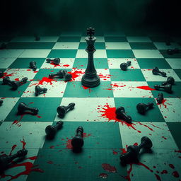 A dark and intriguing movie cover scene featuring a giant chessboard with an unusual pattern of green and white squares, creating a surreal and unsettling atmosphere