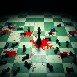 A dark and intriguing movie cover scene featuring a giant chessboard with an unusual pattern of green and white squares, creating a surreal and unsettling atmosphere