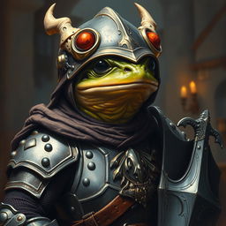 A hyper intricate oil painting featuring a fantasy frog humanoid character adorned with a Hounskull helmet and historical medieval German armor, depicted as a fierce warrior knight