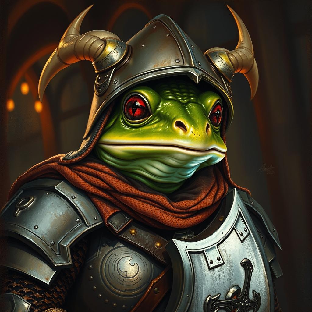 A hyper intricate oil painting featuring a fantasy frog humanoid character adorned with a Hounskull helmet and historical medieval German armor, depicted as a fierce warrior knight