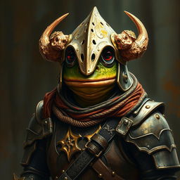 A hyper intricate oil painting featuring a fantasy frog humanoid character adorned with a Hounskull helmet and historical medieval German armor, depicted as a fierce warrior knight